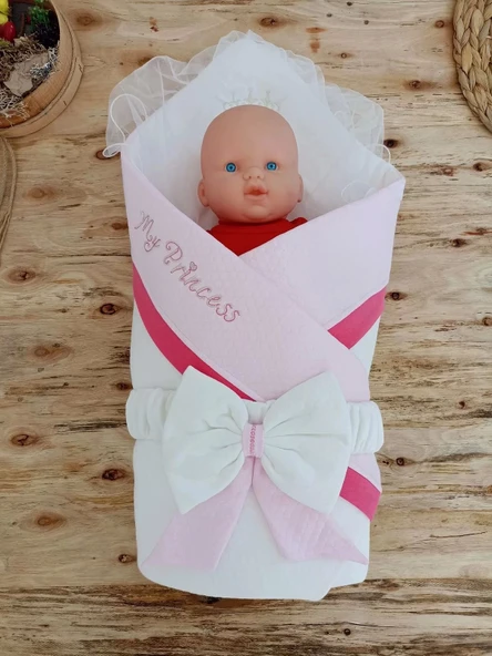 Yenidoğan Bal Peteği My Prince Taç Nakışlı Delüks Kundak Bebek Battaniyesi Pembe - 2