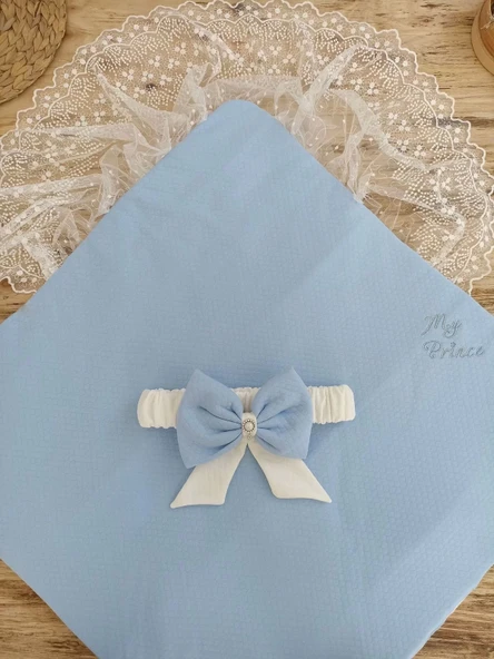 Bal Peteği My Prince Taç Nakışlı İnci Fiyonklu Dantel Duvaklı Delüks Kundak Bebek Battaniyesi Mavi - 5