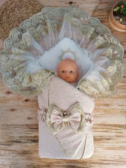 Yenidoğan Kabartma Desenli Gold Çift Güpürlü Bebek Battaniyesi Kundak Gold - 2