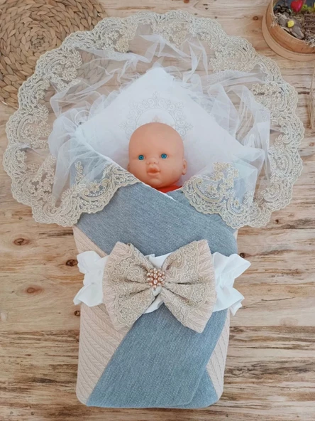Yenidoğan Teri Cotton Taç Nakışlı Prizma Taş Kundak Bebek Battaniyesi Bej - Resim 3