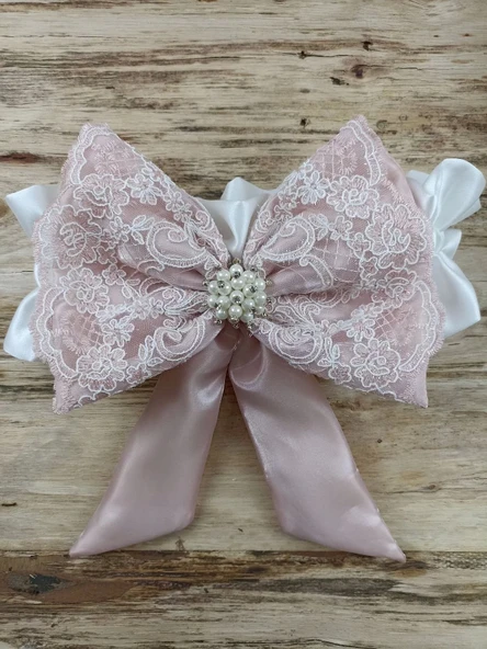 Sahra Taç Nakışlı İnci Ve Dantel Fiyonklu Çift Dantel Duvaklı Trilüks Kundak Bebek Battaniyesi Gül Kurusu - Resim 7