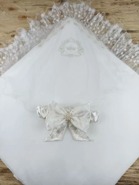 Yenidoğan İpek Venüs Taç Nakışlı Delüks Kundak Bebek Battaniyesi Ekru - 3
