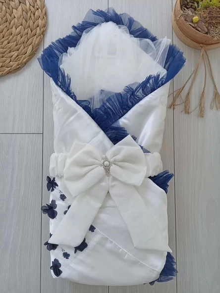 Yenidoğan İzmir İncisi Tül İşlemeli Pamuklu Fiyonklu Kundaklı Lüks 3lü Alt Açma Seti Lacivert - 5