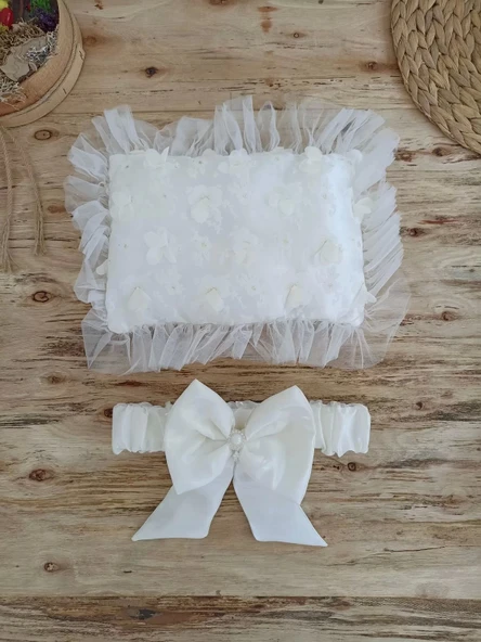 Yenidoğan İzmir İncisi Tül İşlemeli Pamuklu Fiyonklu Kundaklı Lüks 3lü Alt Açma Seti Ekru - 6