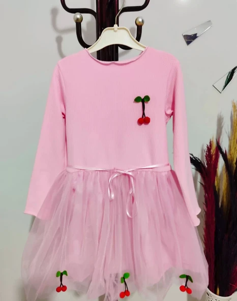 5-6-7 Yaş Kiraz Desenli Kurdela Kuşaklı Astarlı Uzun Kollu Kız Çocuk Tütü Elbise Pembe - 4