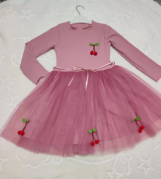 5-6-7 Yaş Kiraz Desenli Kurdela Kuşaklı Astarlı Uzun Kollu Kız Çocuk Tütü Elbise Gül Kurusu - 3