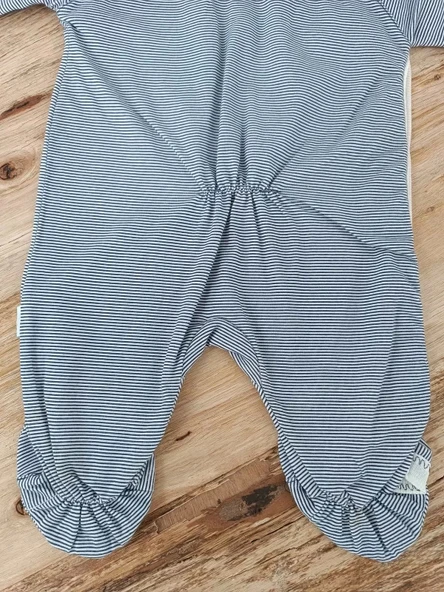 0-3 3-6 Ay Papyonlu Çizgi Desen Çıtçıt Kapama Kasketli Erkek Bebek Tulumu Lacivert - 4