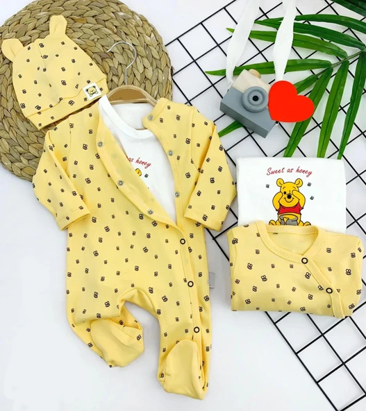 3-6-9-12 Ay Pooh Desenli Şapkalı Sweatli 3lü Kız Erkek Bebek Tulum Sarı