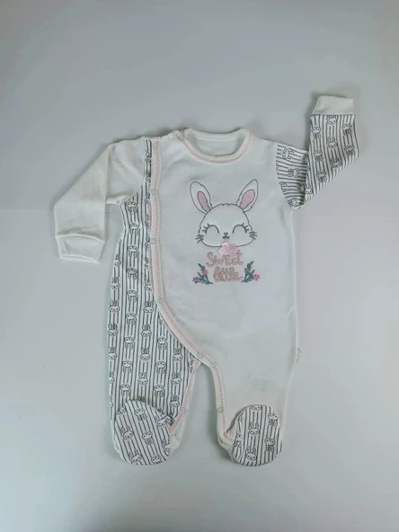 0-3 3-6 Ay Minik Tavşan Nakışlı Boydan Çıtçıt Kapamalı Kız Erkek Bebek Tulumu Ekru - 2