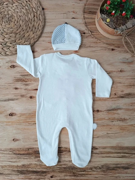 0-3 3-6 6-9 Ay Şapkalı Yelek Detaylı Boydan Çıtçıt Erkek Bebek Tulumu Ekru - 2
