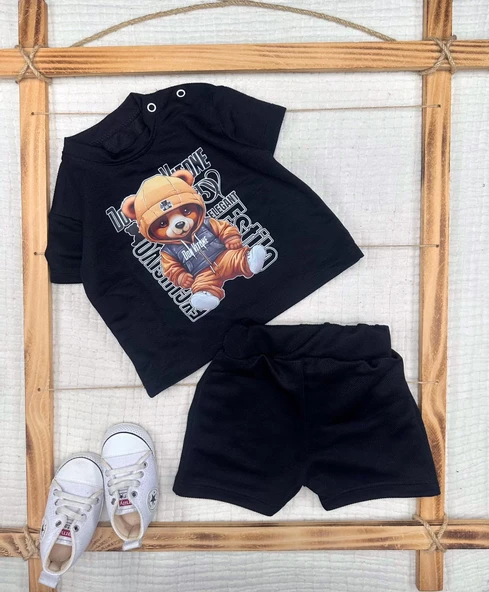 9-12-18-24 Ay Dansçı Ayıcık Baskılı Şortlu Kısa Kollu Tişört 2li Erkek Bebek Takımı ürün görseli