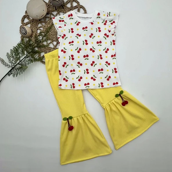 1-2-3-4 Yaş Kiraz Baskılı Tişört İspanyol Paçalı Likralı 2li Kız Çocuk Takımı Sarı - Resim 5