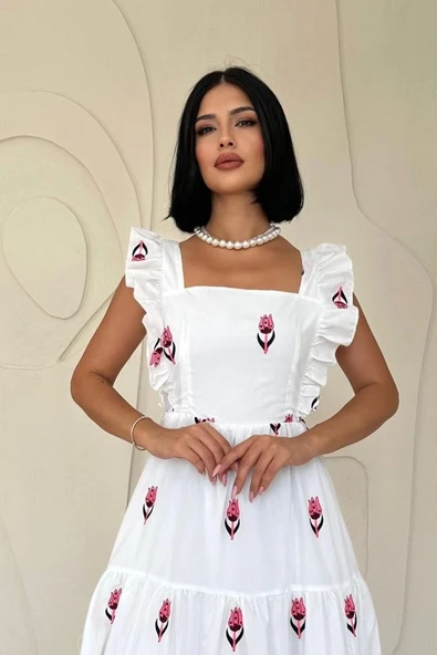 Fuşya Sıfır Kol Fırfırlı Elbise - 2