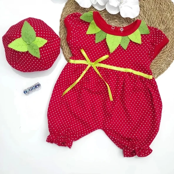 3-6-9 Ay Çilek Bebekler Penye Kumaş Kısa Kollu Kız Erkek Bebek Tulumu Kırmızı - 2