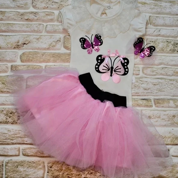 9-12-18 Ay Payetli Kelebek Nakışlı Taçlı Kısa Kollu Tütü Etek 3lü Kız Bebek Takımı Lila ürün görseli