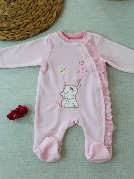 3-6 6-9 9-12 Ay Romantik Fil Nakışlı Pembe Süslü Kız Bebek Tulumu Pembe - 2