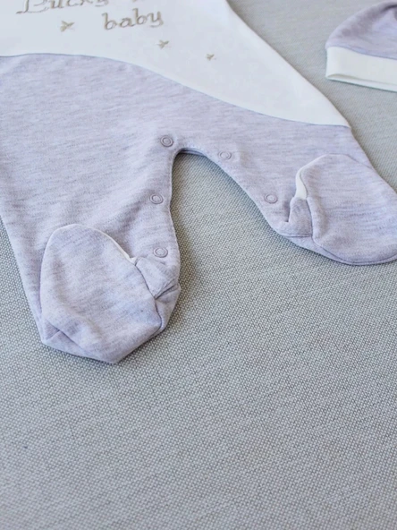 0-3 3-6 Ay Lucky Baby Nakışlı Es Çizgi Boy Şapkalı Erkek Bebek Tulumu Kahvemelanj - Resim 3