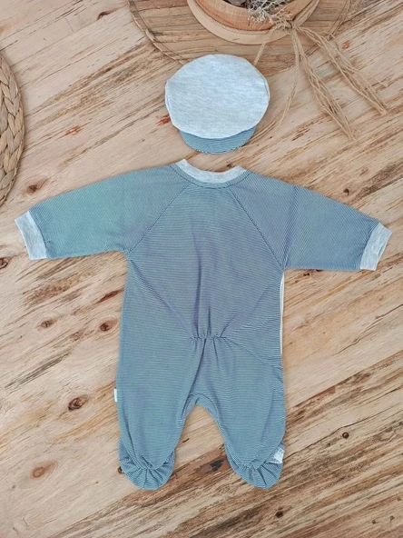 0-3 3-6 Ay Papyonlu Çizgi Desen Çıtçıt Kapama Kasketli Erkek Bebek Tulumu Lacivert - 2