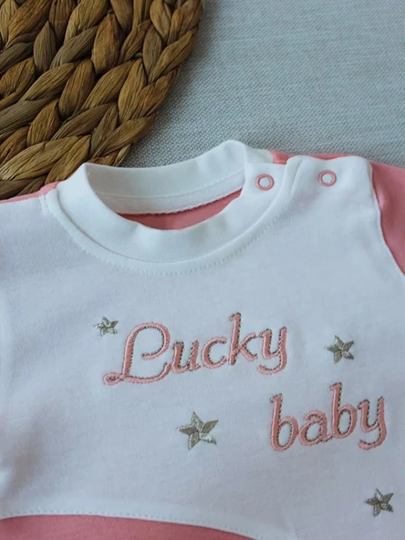 0-3 3-6 Ay Lucky Baby Nakışlı Es Çizgi Boy Şapkalı Kız Bebek Tulumu Pudra - 2
