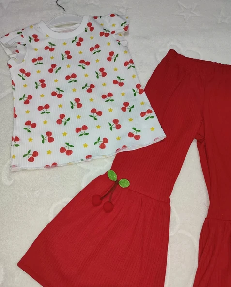 1-2-3-4 Yaş Kiraz Baskılı Tişört İspanyol Paçalı Likralı 2li Kız Çocuk Takımı Kırmızı - Resim 2