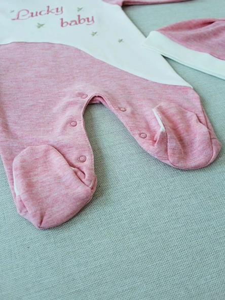 0-3 3-6 Ay Lucky Baby Nakışlı Es Çizgi Boy Şapkalı Kız Bebek Tulumu Pembe - Resim 3