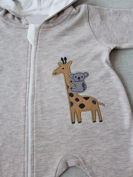 6-9 9-12 Ay Ef Çizgi Boy Fermuarlı Zürafa Nakışlı Kapşonlu Kız Erkek Bebek Tulumu Kahvemelanj - 3