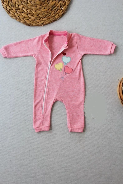 3-6 18-24 24-36 Ay Uçan Balonlar Nakışlı Ef Boy Fermuarlı Kız Bebek Tulumu Pembe