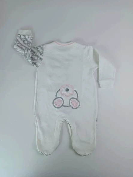 0-3 3-6 Ay Minik Tavşan Nakışlı Boydan Çıtçıt Kapamalı Kız Erkek Bebek Tulumu Ekru - 3