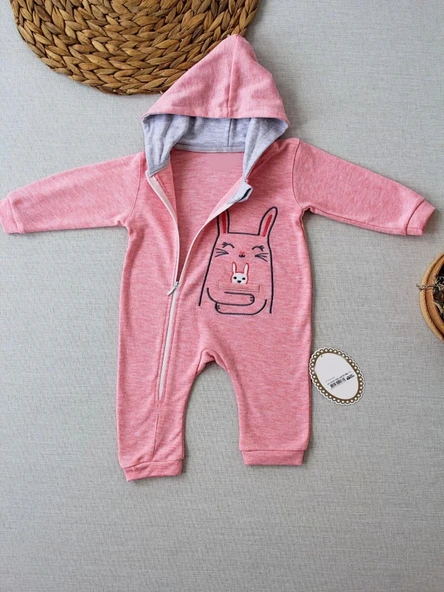 6-9 9-12 Ay Ef Çizgi Boy Fermuarlı Tavşan Nakışlı Kapşonlu Kız Erkek Bebek Tulumu Pembe - 2