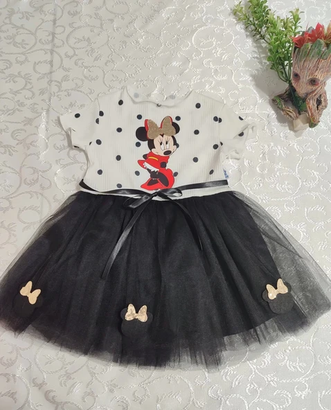 2-3-4 Yaş Puantiyeli Mickey Baskılı Kurdela Kuşaklı Astarlı Kız Bebek Tütü Elbisesi Siyah - 3