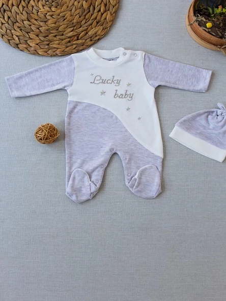 0-3 3-6 Ay Lucky Baby Nakışlı Es Çizgi Boy Şapkalı Erkek Bebek Tulumu Kahvemelanj ürün görseli