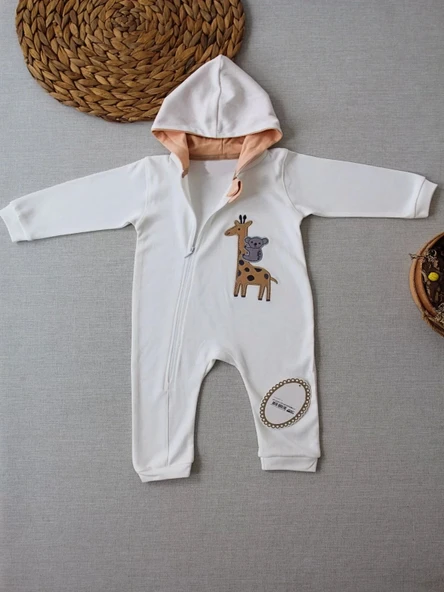 6-9 9-12 Ay Ef Çizgi Boy Fermuarlı Zürafa Nakışlı Kapşonlu Kız Erkek Bebek Tulumu Ekru - 2