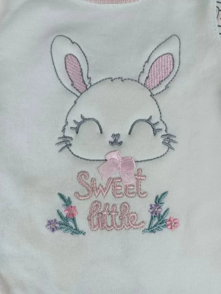 0-3 3-6 Ay Minik Tavşan Nakışlı Boydan Çıtçıt Kapamalı Kız Erkek Bebek Tulumu Ekru - 7