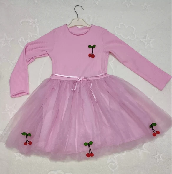 5-6-7 Yaş Kiraz Desenli Kurdela Kuşaklı Astarlı Uzun Kollu Kız Çocuk Tütü Elbise Pembe - 2