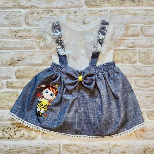 1-2-3 Yaş Bayan Arı Nakışlı Kot Desenli Etek Pamuklu Kumaş 2li Kız Bebek Salopet Takımı Lacivert - 2