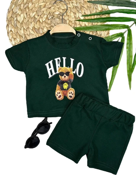 9-12-18-24 Ay Hello Gözlüklü Ayıcık Baskılı Şortlu Kısa Kollu Tişört 2li Erkek Bebek Takımı ürün görseli