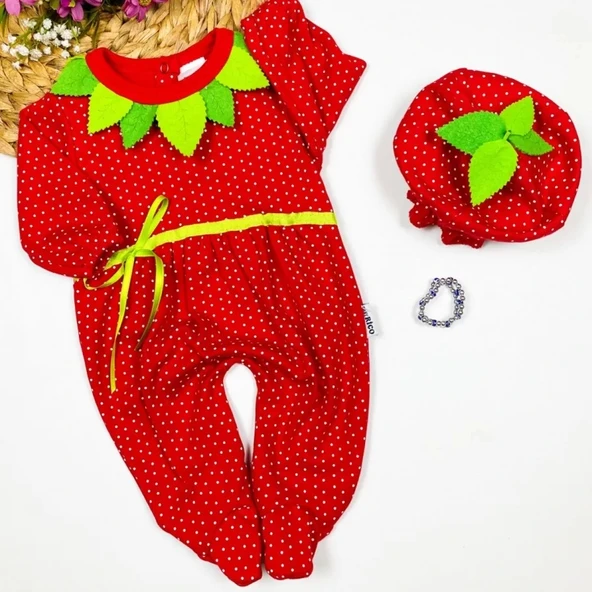 3-6-9 Ay Çilek Bebekler Penye Kumaş Şapkalı Bileklik Hediyeli Uzun Kollu Kız Erkek Bebek Tulumu Kırmızı
