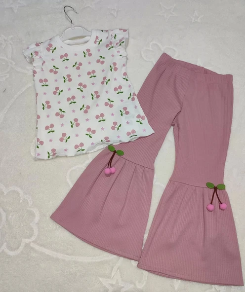 1-2-3-4 Yaş Kiraz Baskılı Tişört İspanyol Paçalı Likralı 2li Kız Çocuk Takımı Gül Kurusu ürün görseli