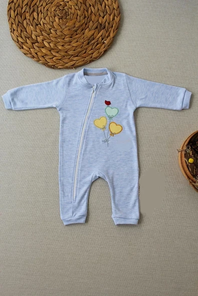 3-6 18-24 24-36 Ay Uçan Balonlar Nakışlı Ef Boy Fermuarlı Erkek Bebek Tulumu Mavi - Resim 2