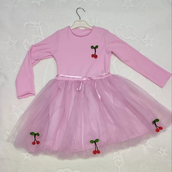 5-6-7 Yaş Kiraz Desenli Kurdela Kuşaklı Astarlı Uzun Kollu Kız Çocuk Tütü Elbise Pembe - 3