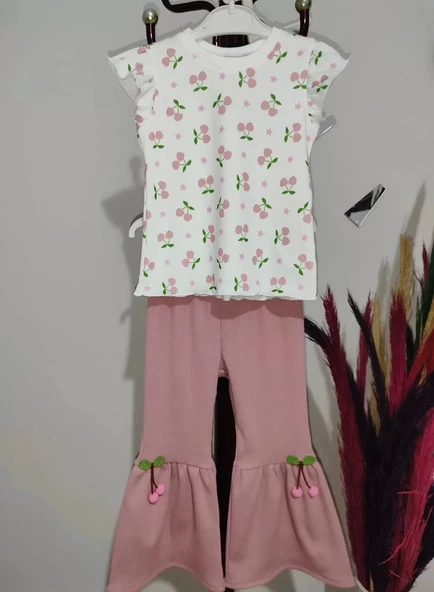 1-2-3-4 Yaş Kiraz Baskılı Tişört İspanyol Paçalı Likralı 2li Kız Çocuk Takımı Gül Kurusu - Resim 4
