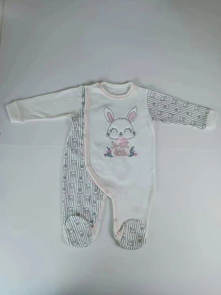 0-3 3-6 Ay Minik Tavşan Nakışlı Boydan Çıtçıt Kapamalı Kız Erkek Bebek Tulumu Ekru