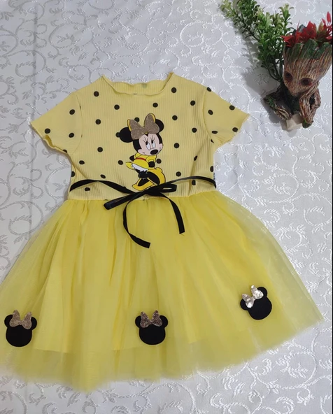 2-3-4 Yaş Puantiyeli Mickey Baskılı Kurdela Kuşaklı Astarlı Kız Bebek Tütü Elbisesi Sarı - 3