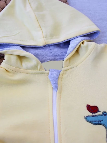 6-9 9-12 Ay Ef Çizgi Boy Fermuarlı Hayvanlar Alemi Nakışlı Kapşonlu Kız Erkek Bebek Tulumu Sarı - 3