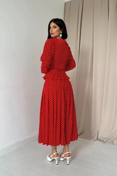 Kırmızı Puantiye Desenli Volanlı Elbise - 3