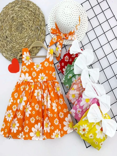 9-12-18-24 Ay Hasır Şapkalı Papatya Desenli Askılı 2li Kız Bebek Elbisesi Sarı
