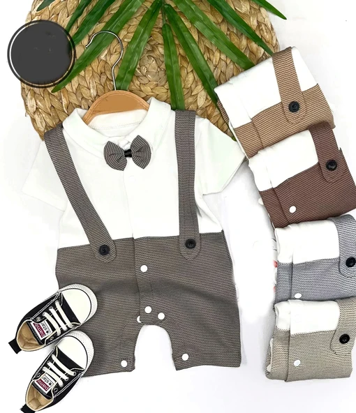 3-6-9-12 Ay Papyon Detaylı Çizgili Salopet Görünümlü Erkek Bebek Tulumu