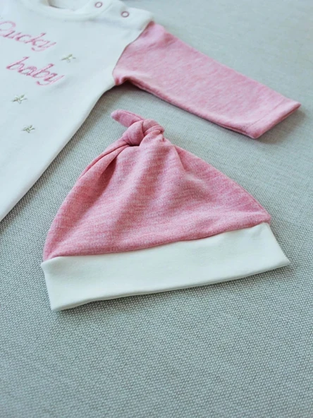 0-3 3-6 Ay Lucky Baby Nakışlı Es Çizgi Boy Şapkalı Kız Bebek Tulumu Pembe - Resim 4