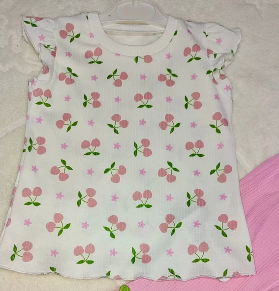 1-2-3-4 Yaş Kiraz Baskılı Tişört İspanyol Paçalı Likralı 2li Kız Çocuk Takımı Pembe - Resim 2