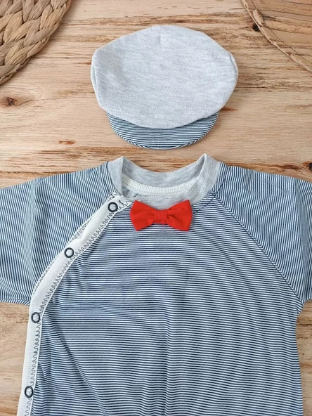 0-3 3-6 Ay Papyonlu Çizgi Desen Çıtçıt Kapama Kasketli Erkek Bebek Tulumu Lacivert - 3